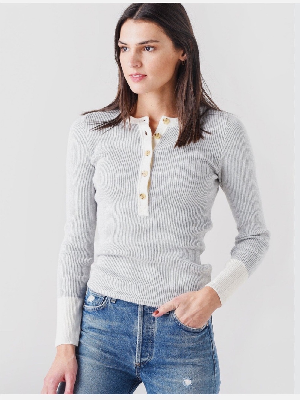Faherty Women’s Mikki Henley Size Small Organic Cotton Cashmere Ribbed Neutral